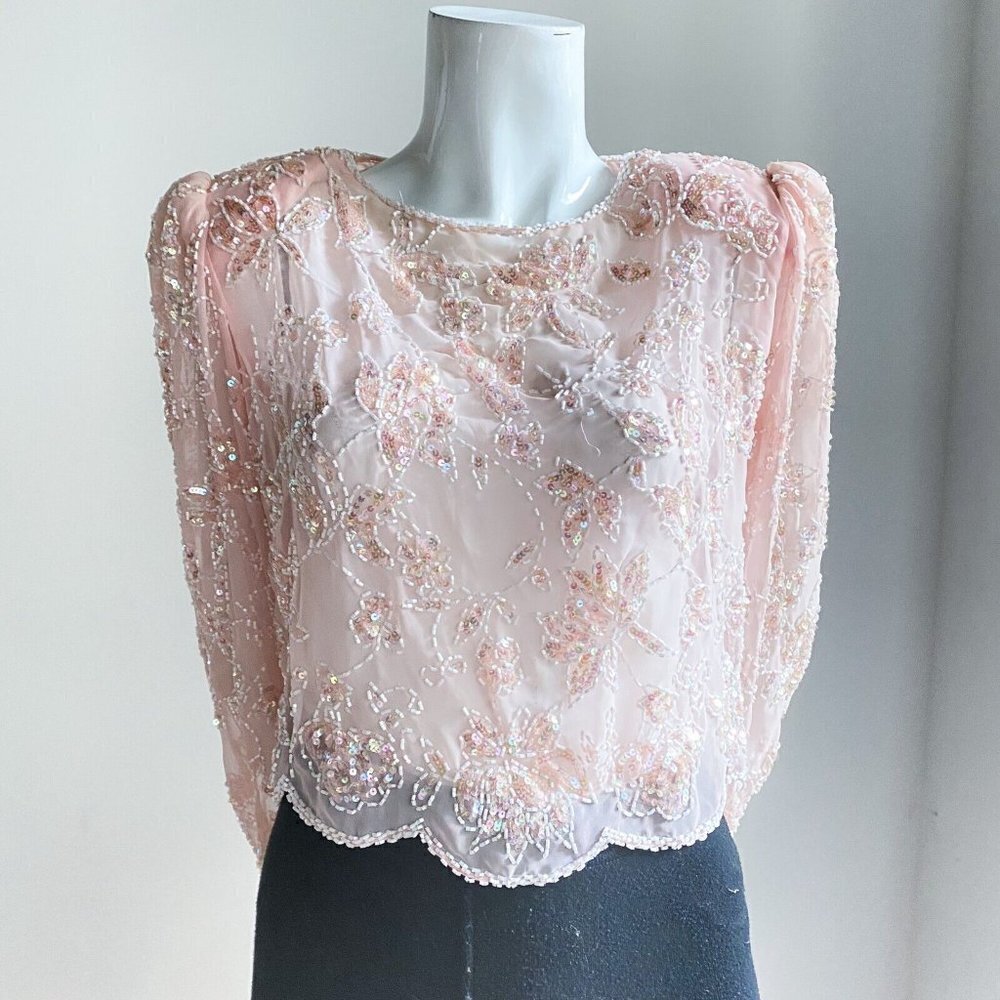 Vintage SILK Peach Pink Beaded Embroidered Cropped Evening Top M - Picture 3 of 9